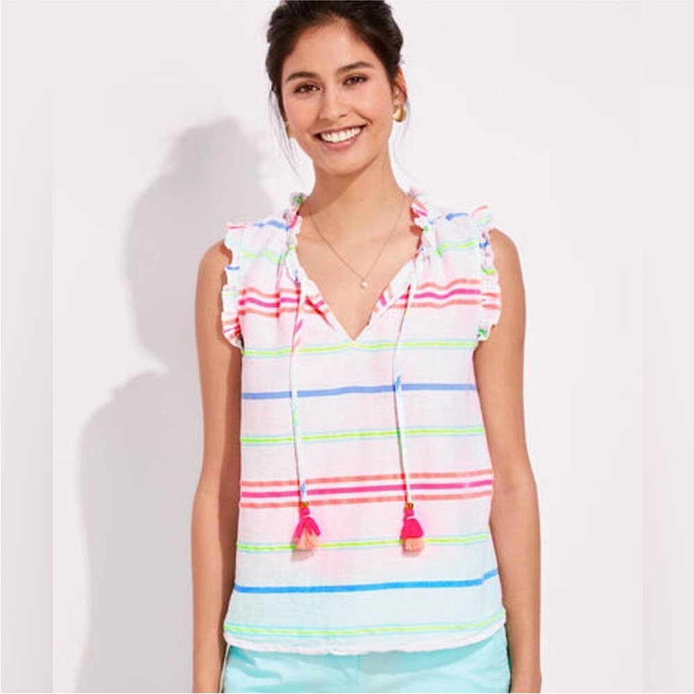 Vineyard Vines New Guava Multi Stripe Ruffle Popover Blouse Shirt White - Small